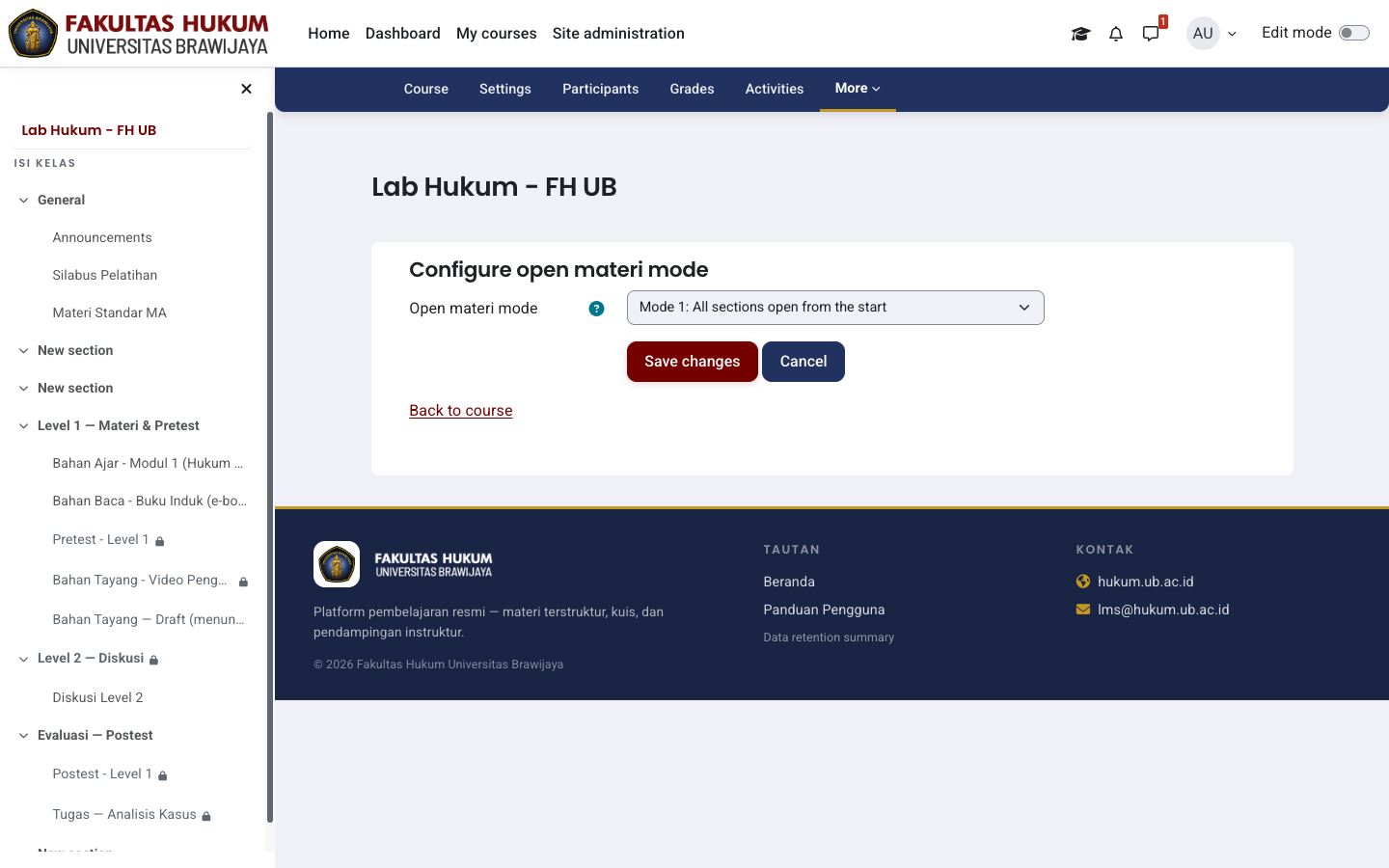 Halaman Configure open materi mode