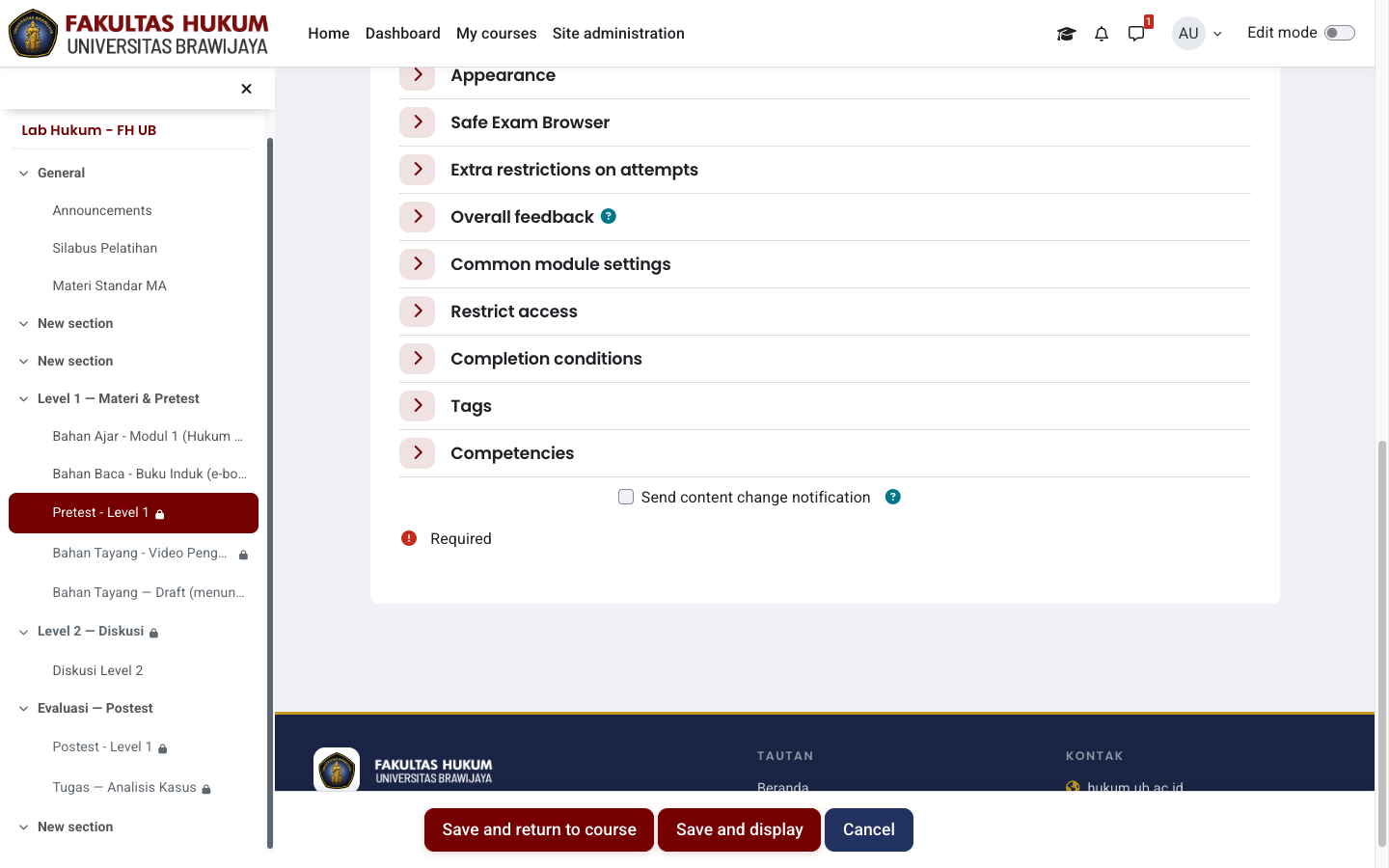 Restrict access dan Completion conditions pada Pretest