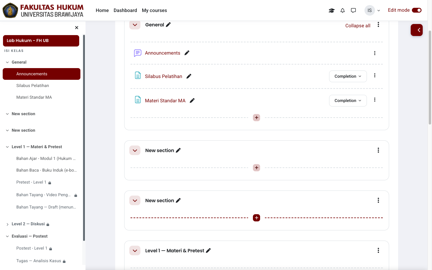 Tombol + Add an activity or resource dalam Edit mode