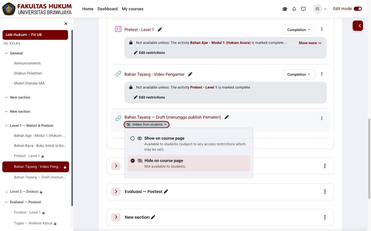 Item draft hidden dengan opsi Show on course page / Hide on course page
