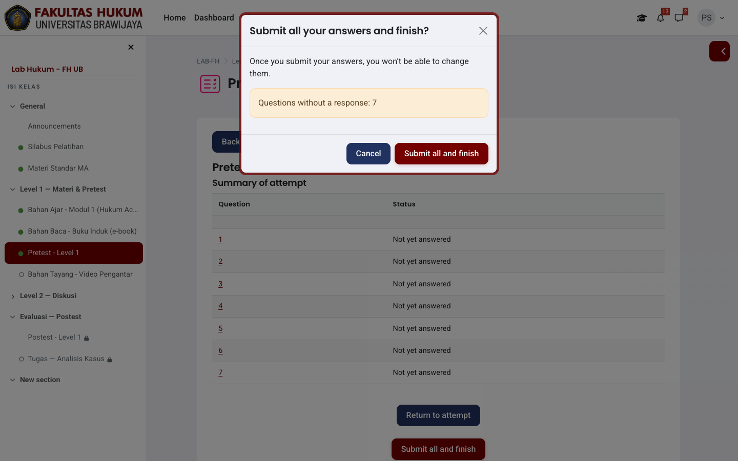 Dialog konfirmasi submit kuis