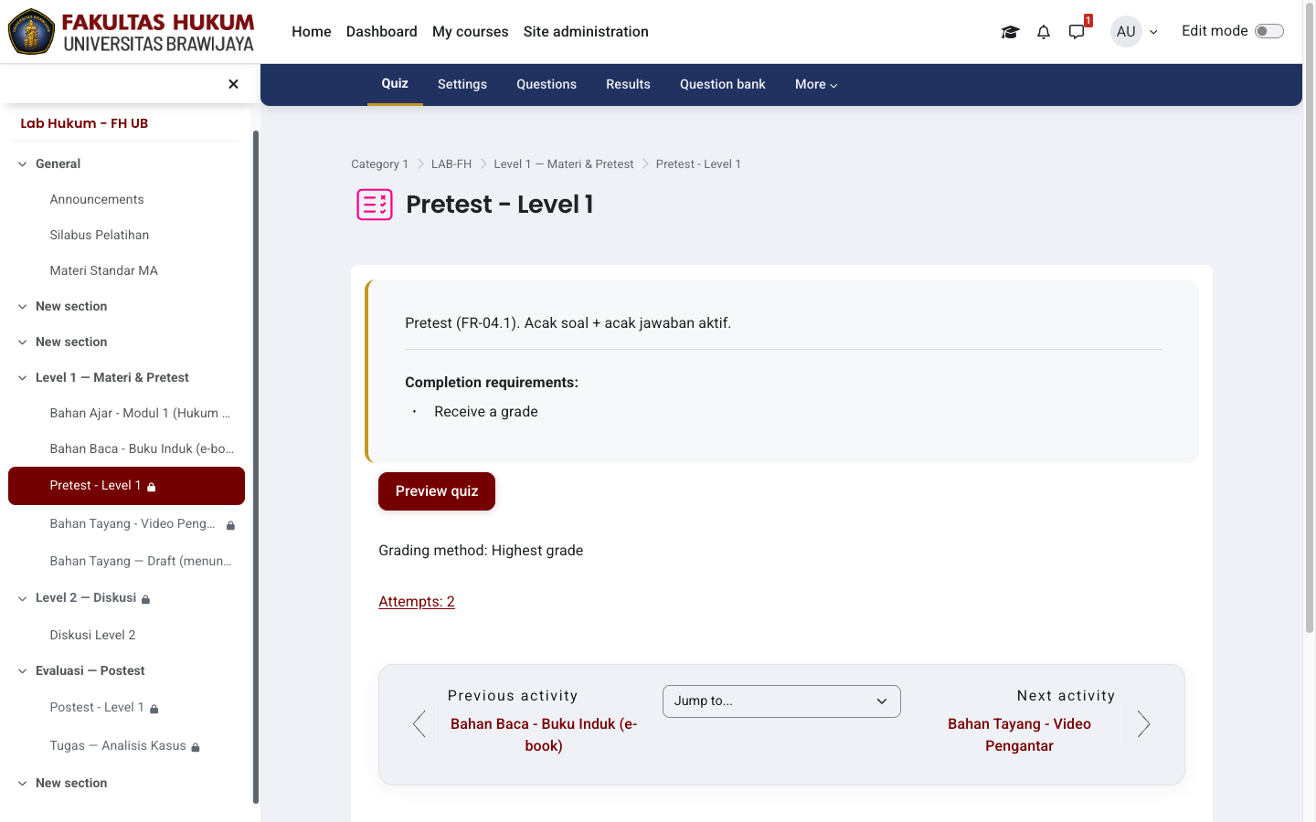 Halaman kuis dengan tombol Preview quiz